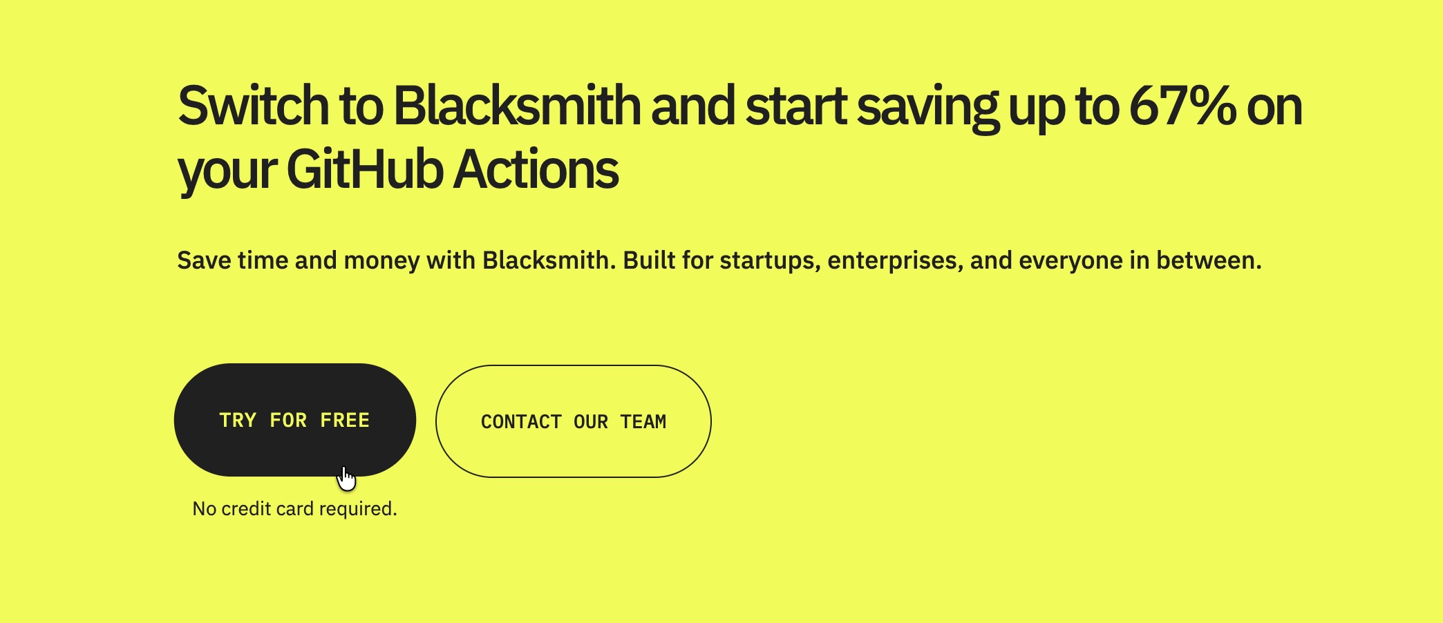 Blacksmith pricing page promoting a free trial with no credit card required.